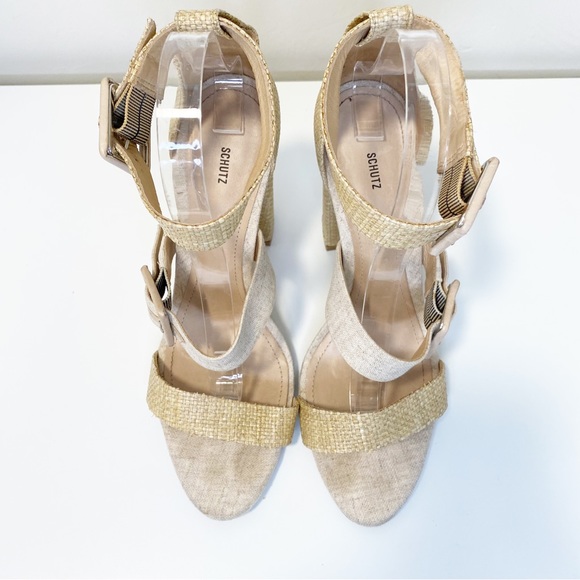 SCHUTZ Sarah Raffia Woven Block Heel buckle strap 9.5 neutral - Picture 4 of 8